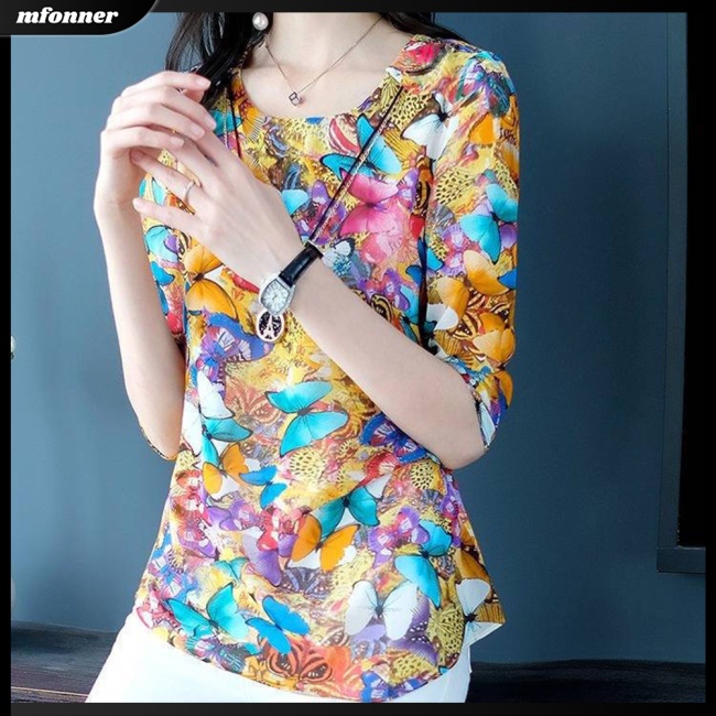 Áo Thun Tay Ngắn Cổ Tròn In Hình Bướm Thời Trang Cho Nữ