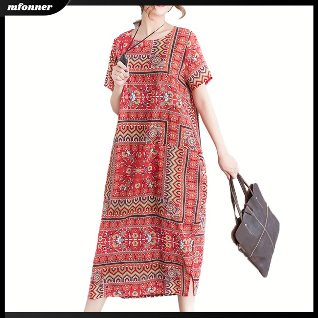 Đầm Cotton Pha Dáng Rộng Cổ Tròn Tay Ngắn In Họa Tiết Dân Tộc Cổ Điển Thời Trang Cho Nữ