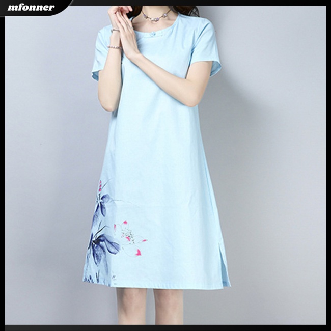 Đầm Sườn Xám Tay Ngắn Chất Liệu Cotton Lanh In Họa Tiết Thổ Cẩm Cổ Điển Thời Trang Cho Nữ