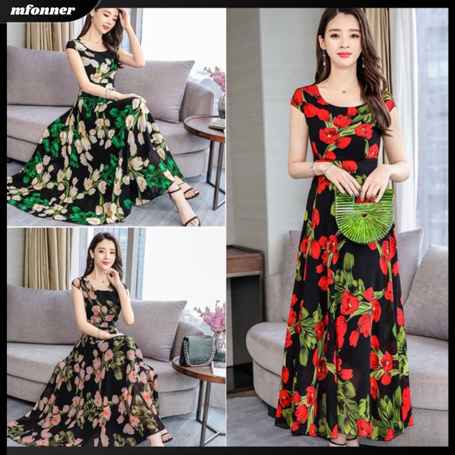 Đầm Dài Tay Ngắn In Hoa Thời Trang Mùa Hè Cho Nữ