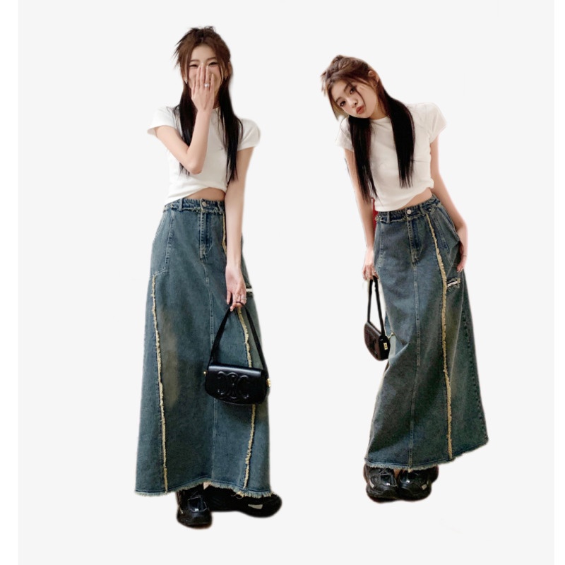 Chân Váy Denim Dài Lưng Cao Kiểu RENJIANVSHENG Retro Xinh Xắn Cho Nữ