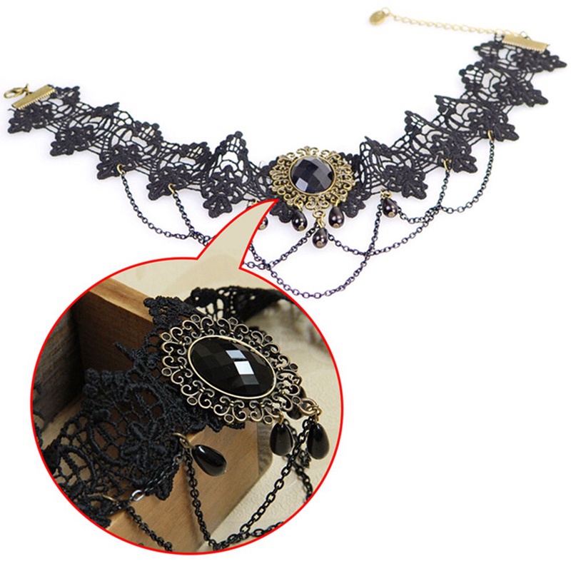 Vòng Cổ Choker Ren Màu Đen Đính Hạt Và Hoa Phong Cách Gothic Lolita