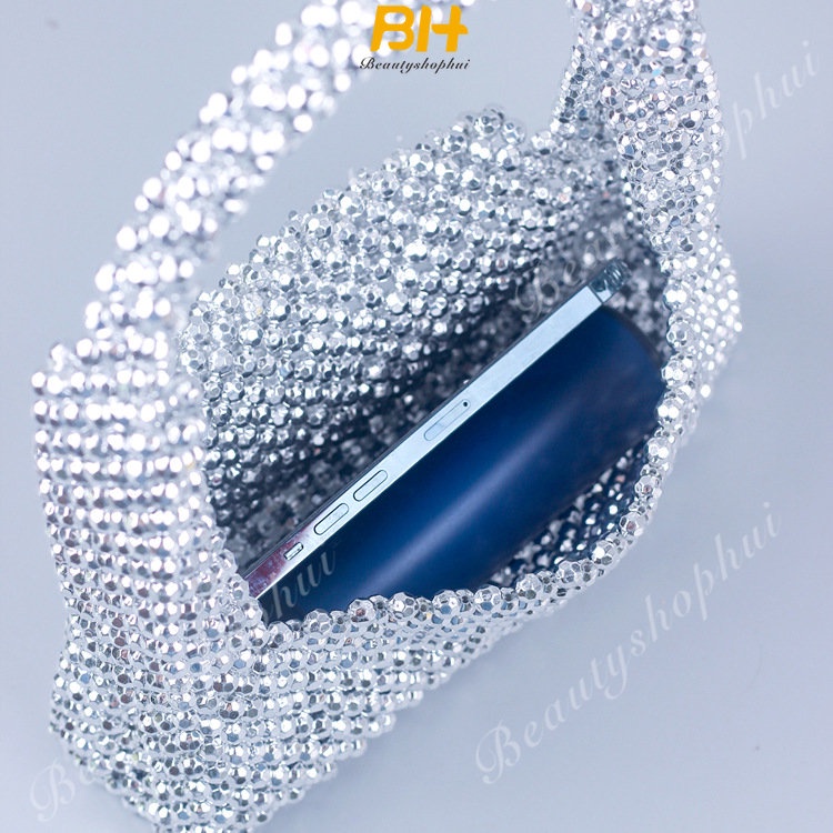 Túi Xách Đeo Vai Đính Hạt Acrylic Màu Bạc Phong Cách Mới