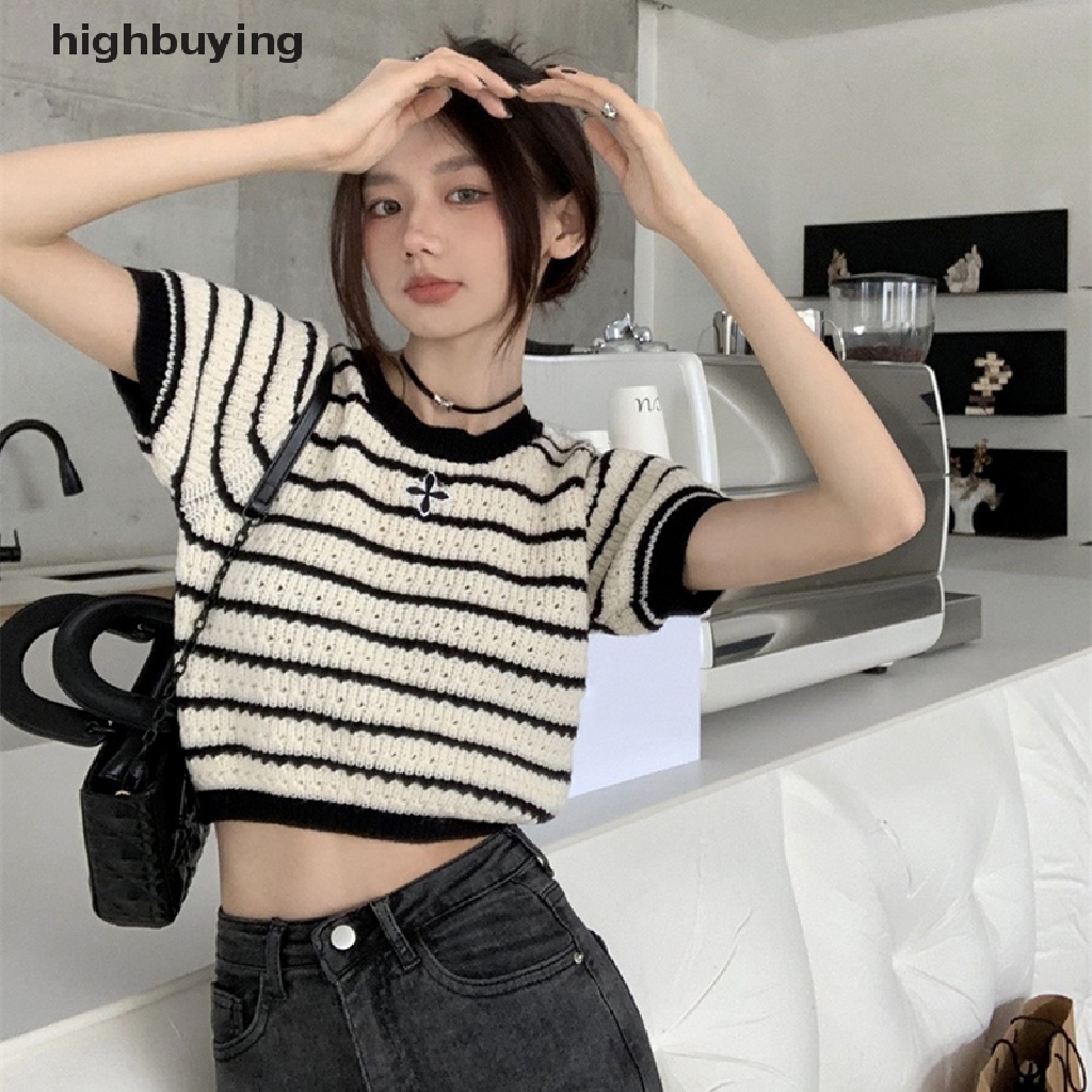 Áo Croptop Dệt Kim Ngắn Tay Cổ Tròn Họa Tiết Kẻ Sọc Phong Cách Retro