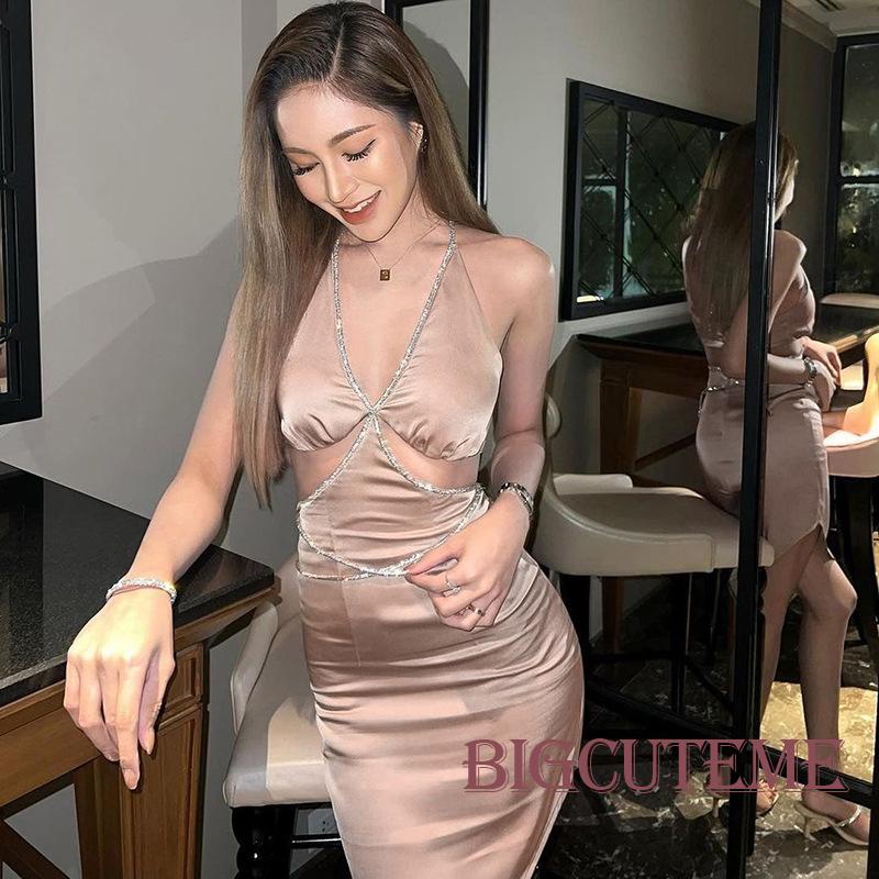 [] - Đầm Midi Không Tay Cổ Chữ V Cắt Xẻ Hở Lưng Màu Đen / Tím / Mơ Mộng Cho Nữ