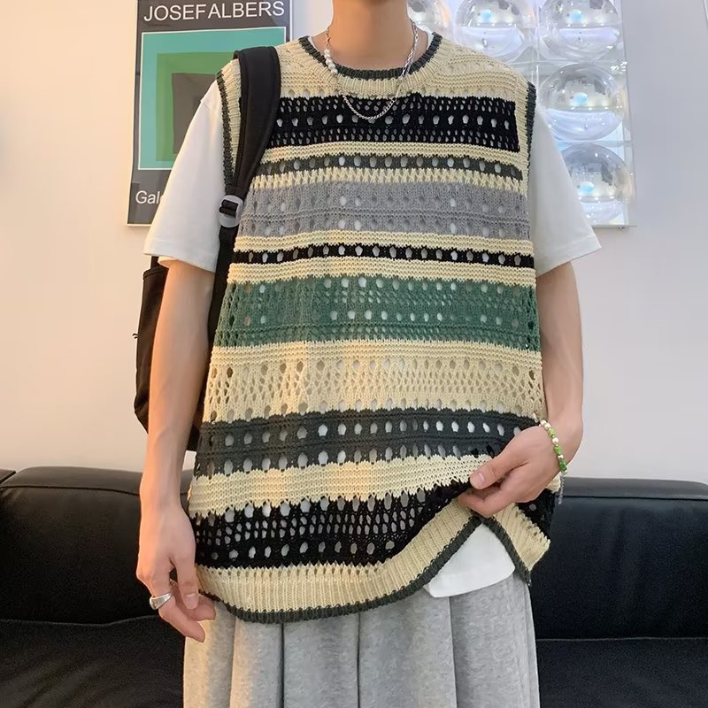 Áo Ba Lỗ Dệt Kim Vải Len Cổ Tròn Dáng Rộng Phong Cách Harajuku Trẻ Trung Thời Trang Mùa Hè Mới Cho Nam