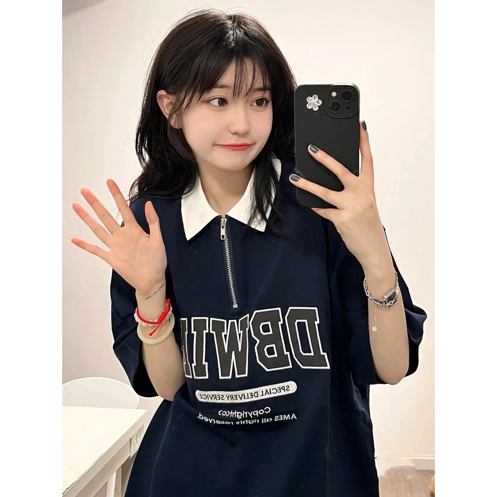 Áo polo Ngắn Tay Dáng Rộng Phối Khóa Kéo Thời Trang Mùa Hè Dành Cho Nữ