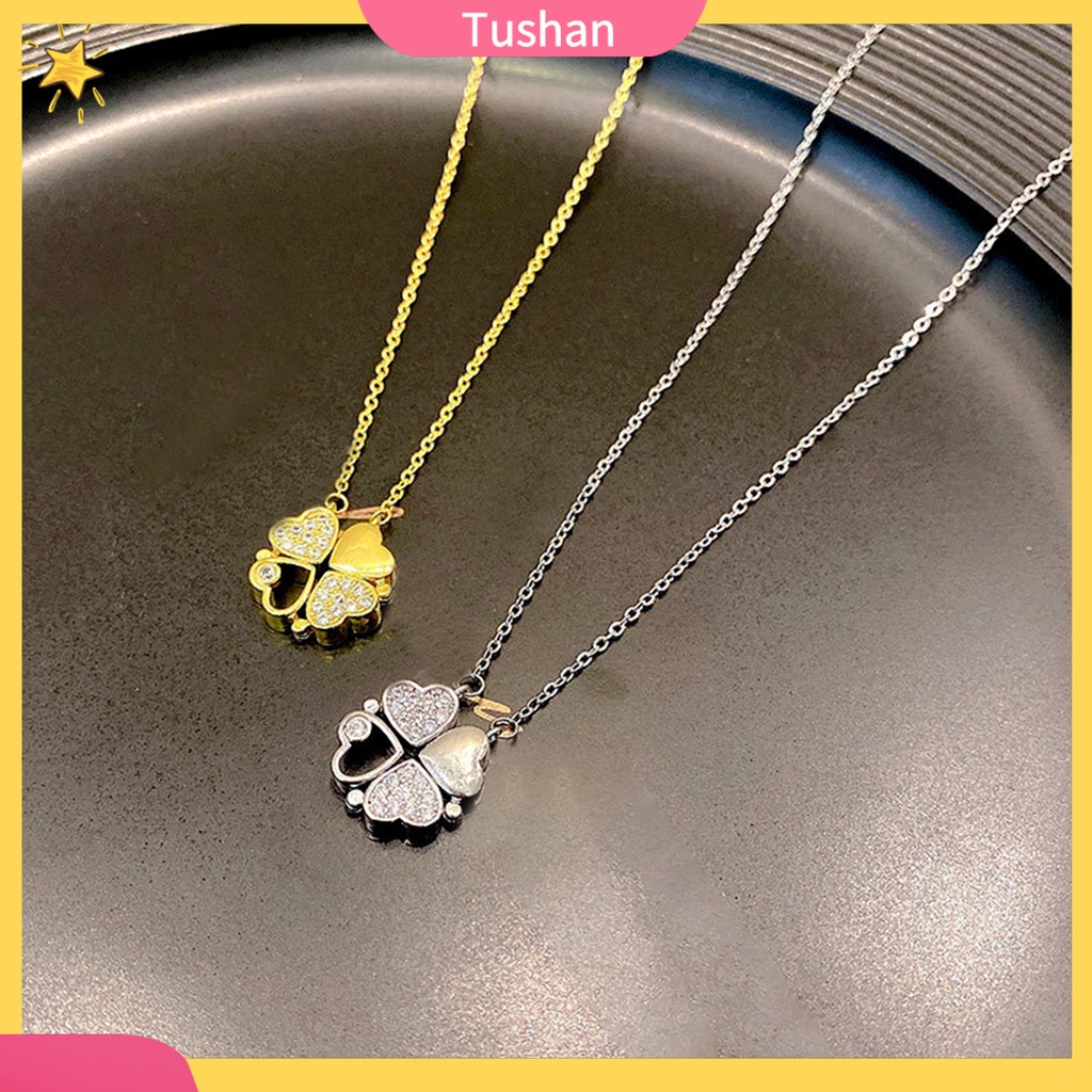 Vòng cổ Thép Titan Mặt Cỏ Bốn Lá Đính Đá Sang Trọng Cho Nữ