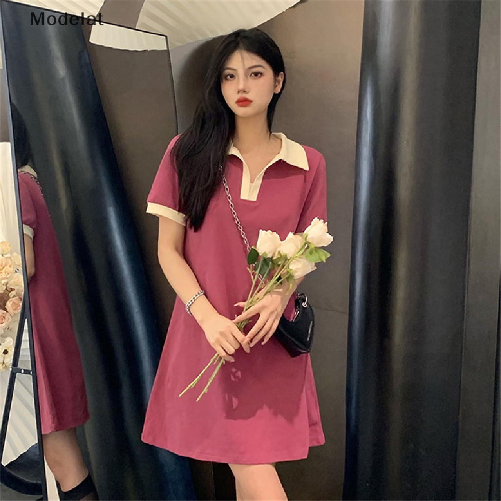 Mfc Đầm Mini Tay Ngắn Cổ Bẻ Màu Tương Phản Thời Trang Dành Cho Nữ