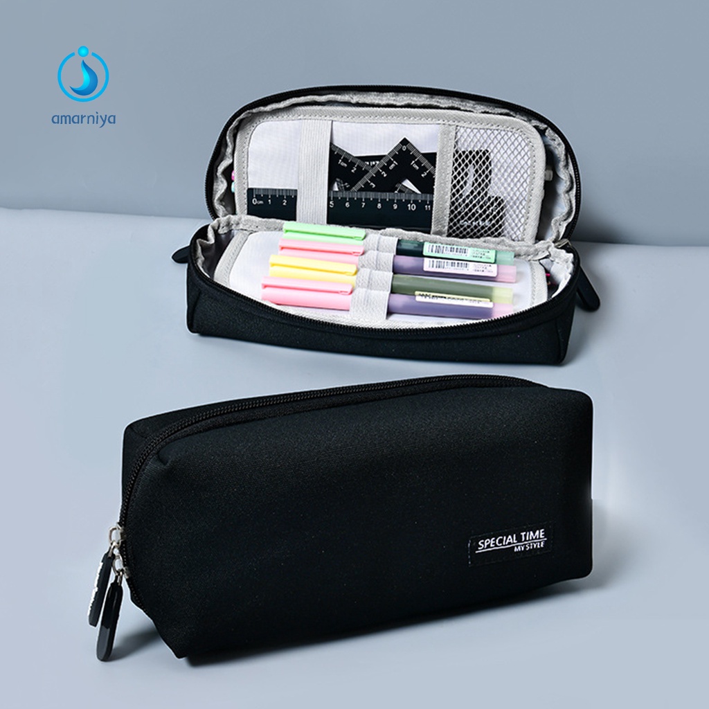 (Shop Amart) Túi Đựng Bút Bằng Vải Canvas Phối Lưới Có Dây Kéo