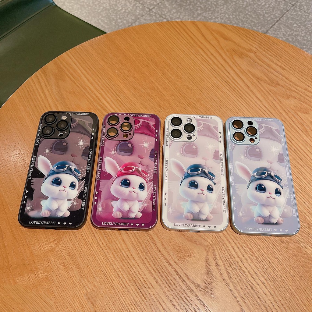 Ốp Điện Thoại Mặt Kính Viền TPU Dẻo Họa Tiết Chú Thỏ Dễ Thương Cho iPhone 11 12 13 14 PRO MAX XR XS 7 8 Plus