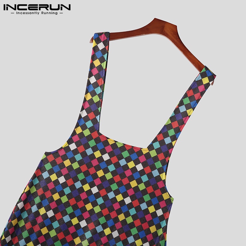 Quần yếm INCERUN không tay dáng chữ U họa tiết sọc caro thời trang cá tính cho nam