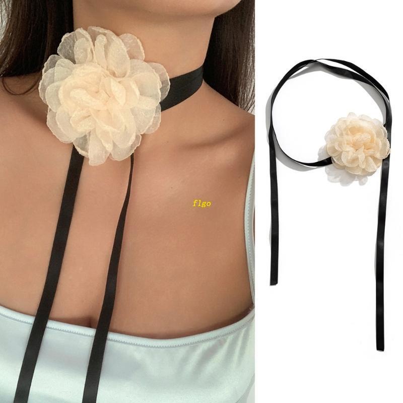 Vòng Cổ Choker Vải Lưới Đính Hoa Hồng 5 Màu Phong Cách Gothic