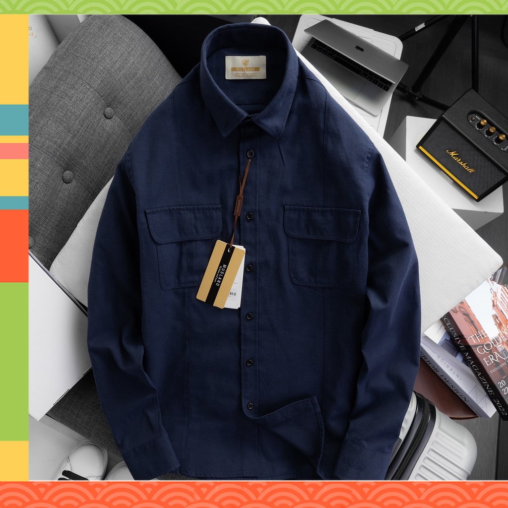 ẢNH SHOP CHỤP - Áo Sơmi Xanh Đen Musland 2 túi năng động dáng slimfit cực đẹp chất Oxford xịn không quá dày mát mẻ cả ng