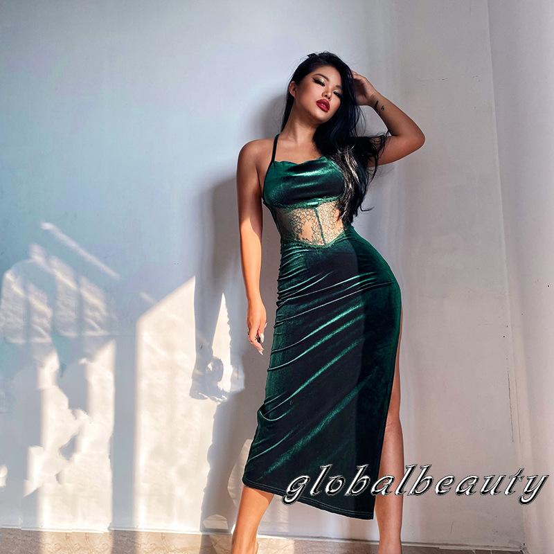 Đầm Dài Không Tay Phối Ren Hở Lưng Thiết Kế Xẻ Tà Cao Thời Trang Mùa Hè Cho Nữ