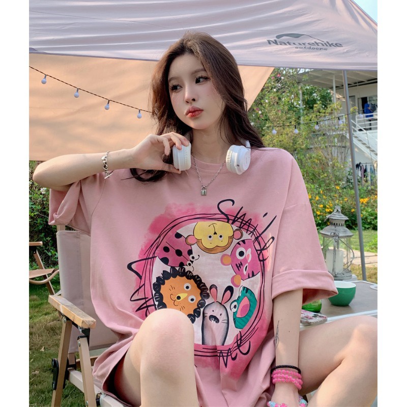 Áo Thun Tay Ngắn Dáng Rộng In Họa Tiết Hoạt Hình Thời Trang Mùa Hè Xinh Xắn Cho Nữ