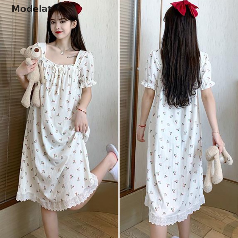 Mfc Đồ ngủ Phối Ren Tay Ngắn In Họa Tiết Hoa Cột Nơ Xinh Xắn Cho Nữ