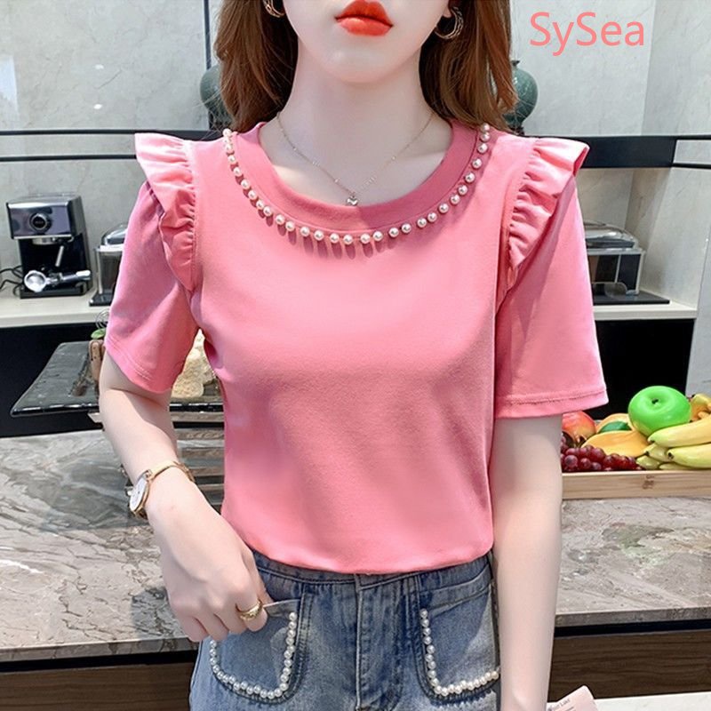 Áo Kiểu Cổ Tròn Phối Ren Bèo Thời Trang Mùa Hè Cho Nữ