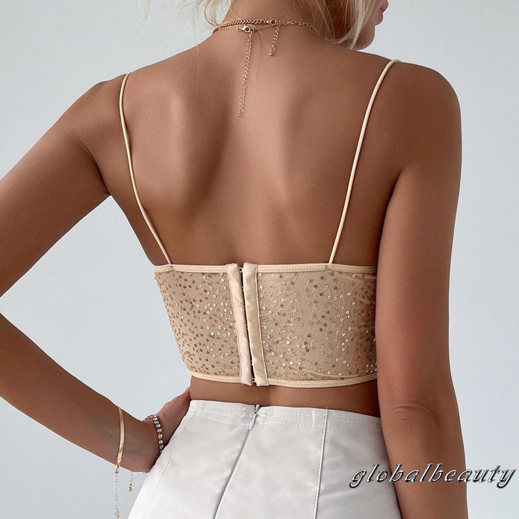Áo Croptop Lưới Không Tay Hở Lưng Khoét Sâu Đính Kim Sa Lấp Lánh Thời Trang Mùa Hè Cho Nữ