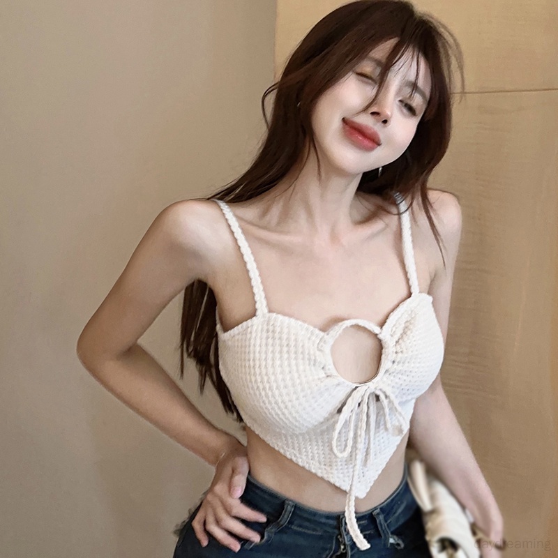 Áo Croptop Sát Nách Dệt Kim Màu Trơn Dáng Ôm Phối Ren Lỗ Lưới Thời Trang Quyến Rũ Cho Nữ