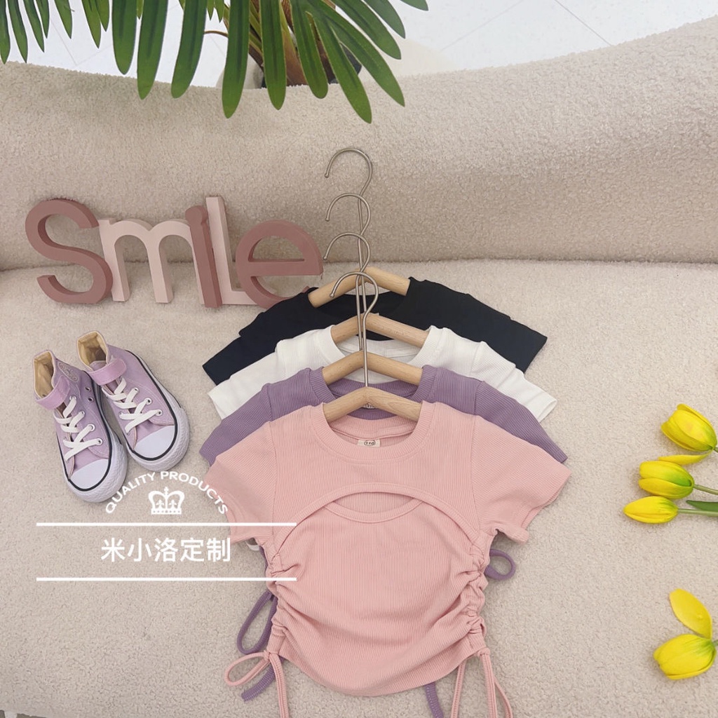 Áo Thun Tay Ngắn Vải Cotton Màu Trơn Phối Dây Rút Thời Trang Mùa Hè Cho Bé Gái