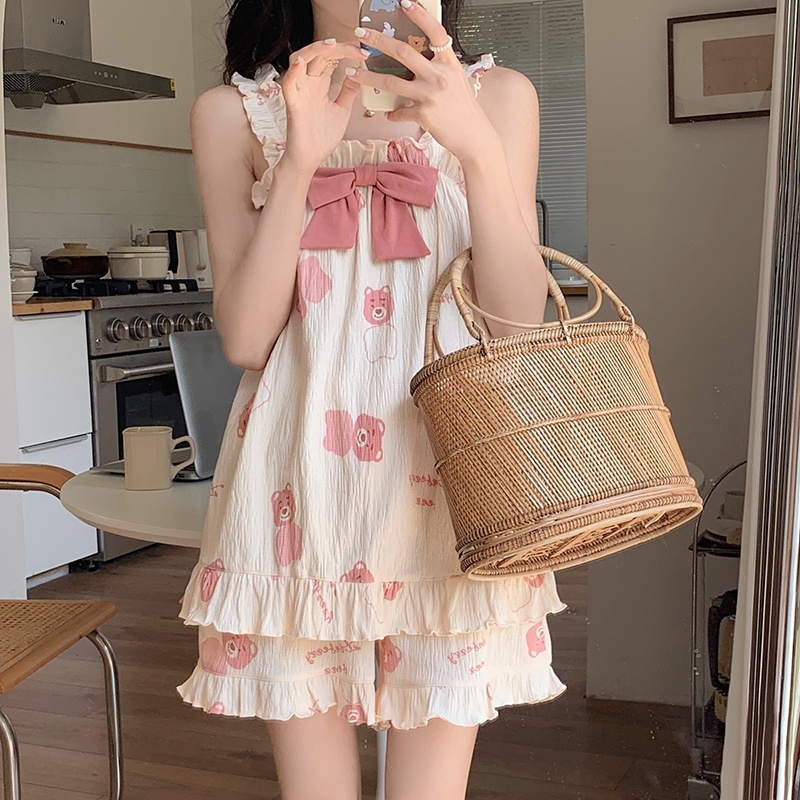 Bộ Đồ Ngủ Sát Nách Chất Liệu Da Mỏng Họa Tiết Gấu Và Dâu Tây Thời Trang Mùa Hè Cho