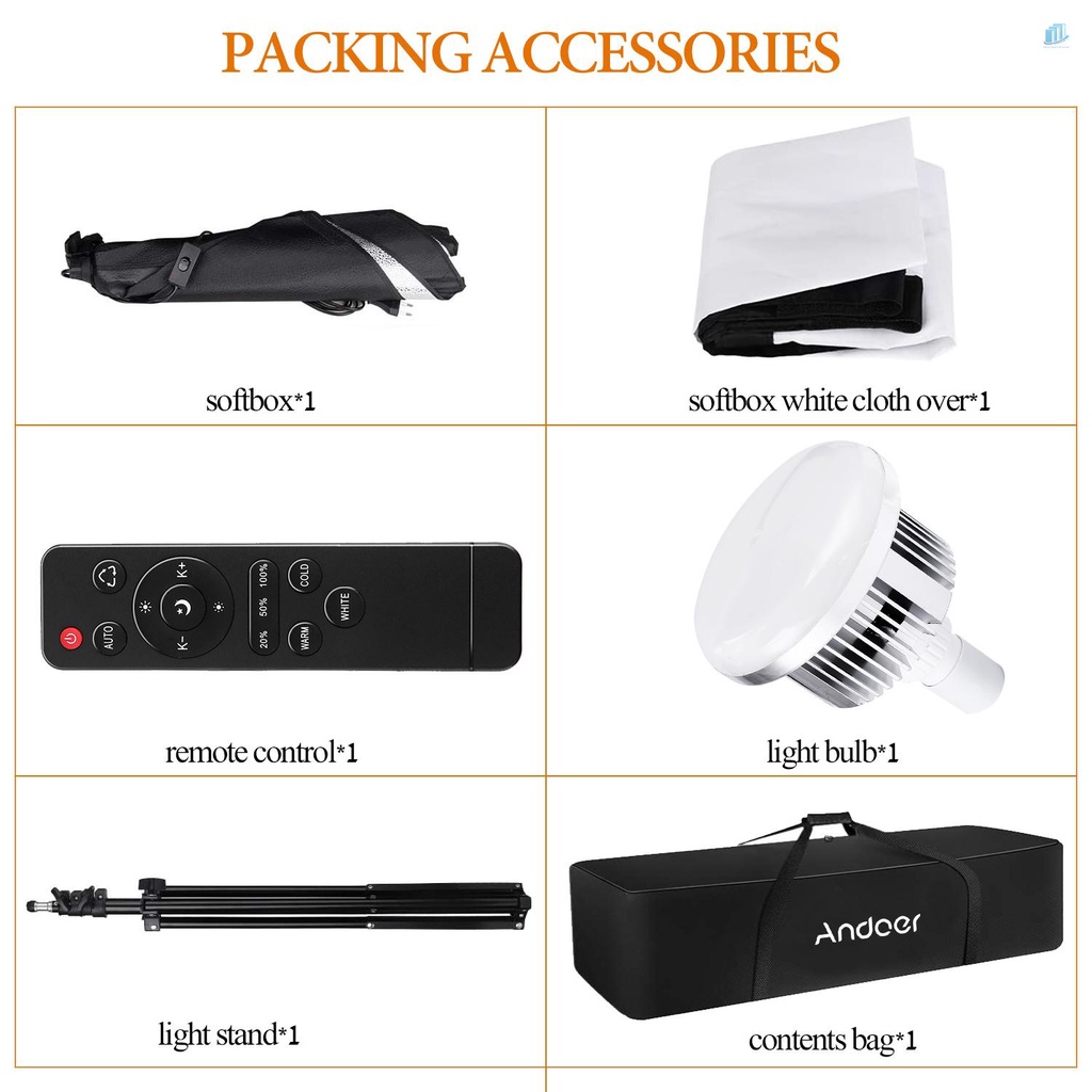 Bộ Hộp Đèn LED Chụp Ảnh Andoer 85W 2800K-5700K * 1 + 50x70cm * 1 + 2M Đứng * 1 + Điều Khiển Từ Xa