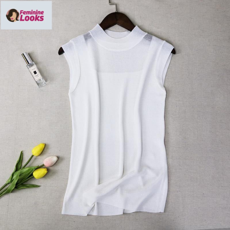 Áo Dệt Kim Sát Nách Cổ Cao Vải Lụa Lạnh Thoải Mái