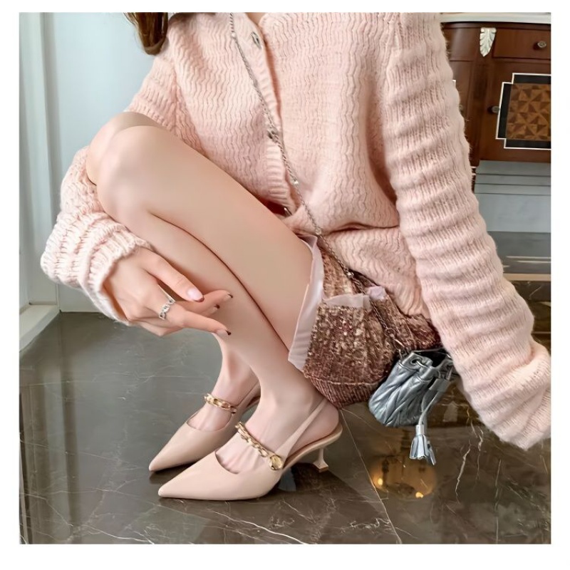 Sandal Cao Gót Mũi Nhọn Hở Một Bên Gót Thấp Phong Cách Pháp Cho Nữ