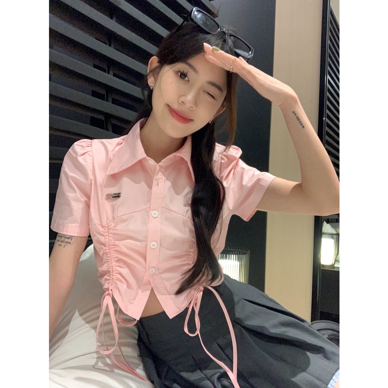 Áo Sơ Mi Tay Ngắn Phối Dây Rút Thiết Kế Đơn Giản Thời Trang Mùa Hè Năng