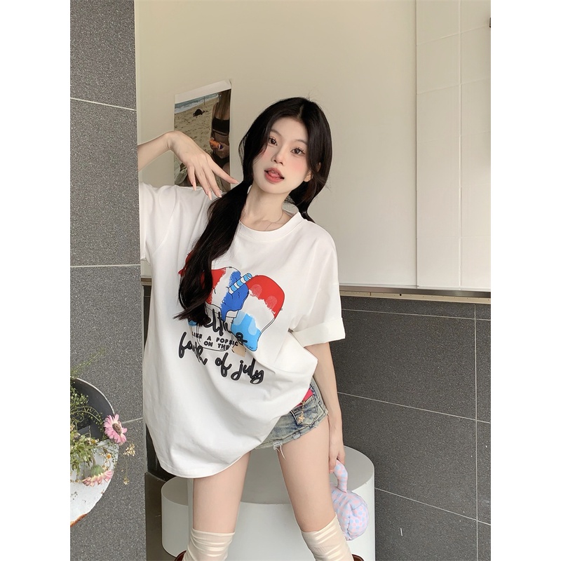 Áo Thun Nữ Dáng Rộng In Hình Cây Kem Dễ Thương
