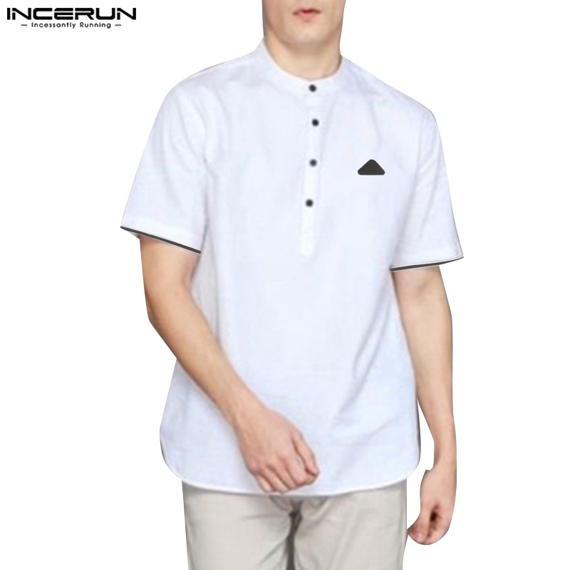 INCERUN Áo Sơ Mi Tay Ngắn Cổ Đứng Họa Tiết Kẻ Sọc Màu Trơn Thời Trang Cho Nam