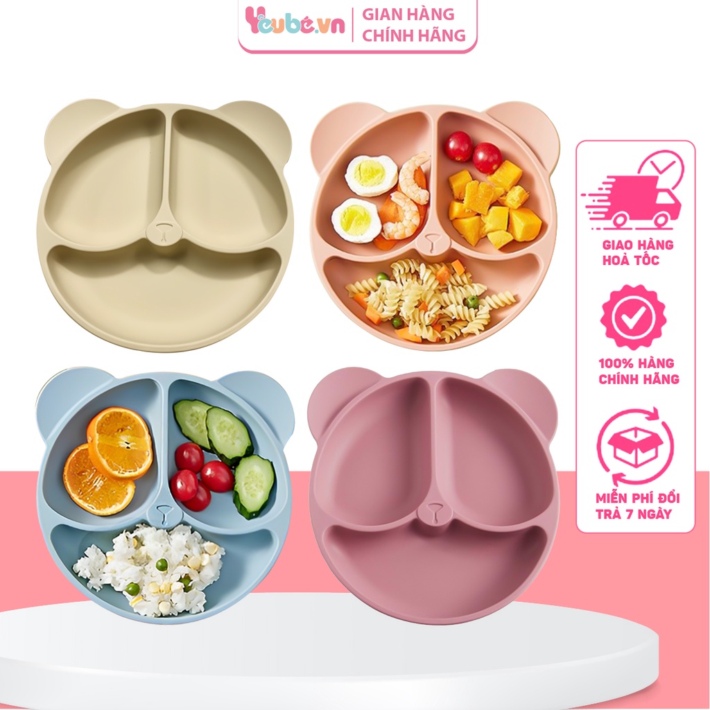 Khay Ăn Dặm Silicon Có Đế Hít Chống Đổ Hình Gấu 3 Ngăn Cho Bé