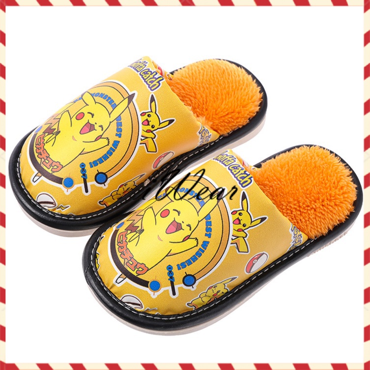 Dép cotton da không thấm nước, dép Pikachu, Dép trong nhà mùa đông cho bé trai, Dép đi trong nhà ấm áp chống trơn trượt cho bé trai