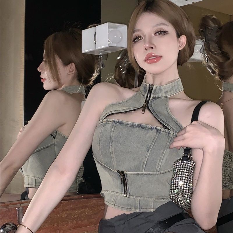 COZOK Áo denim Sát Nách Dáng Ngắn Kiểu vintage Cá Tính