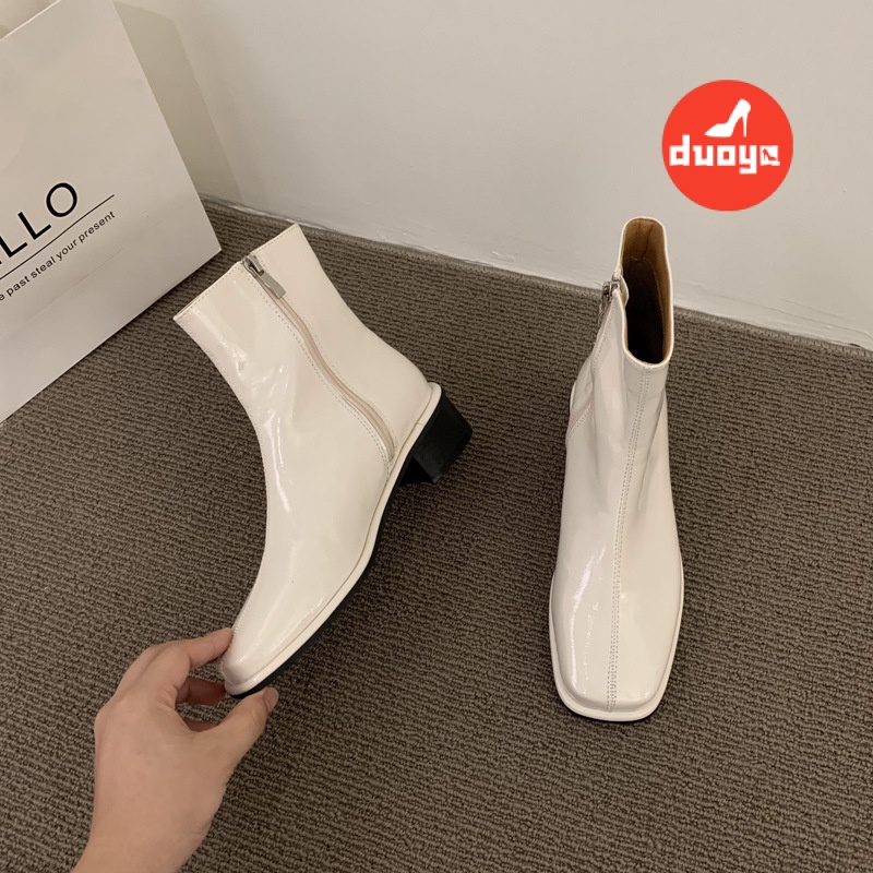 Duoya Tóc Thẳng ~ [Phong Cách Retro] Giày Bốt Martin Da Bóng Gót Vừa Dày Mũi Vuông Phong Cách Anh Quốc