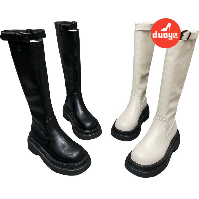 Duoya Tóc Thẳng ~ [Hàng Có Sẵn] Giày Bốt Cao Đến Đầu Gối Dày Dặn Có Khóa Cài Thời Trang Thu Đông Cao Cấp OL Chất Lượng Cao Cho Nữ