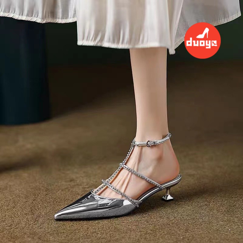 Duoya Tóc Thẳng ~ [Hàng Có Sẵn] [Hàng Có Sẵn] Giày Cao Gót Mũi Nhọn Rỗng Đính Đá Rhinestone Mùa Xuân Miễn Phí Vận Chuyển