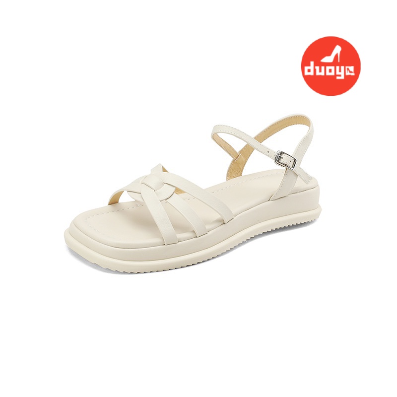 Duoya Giày Sandal Đế Bằng Da Mềm Mại Gót Thấp Màu Tím Dệt Phong Cách Roman Cho Nữ