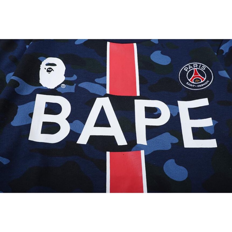 BAPE Hàng Có Sẵn Áo Thun Cotton Tay Ngắn Dáng Rộng Màu Xanh Lam In Chữ Paris Saint-Germain Cho Cặp Đôi
