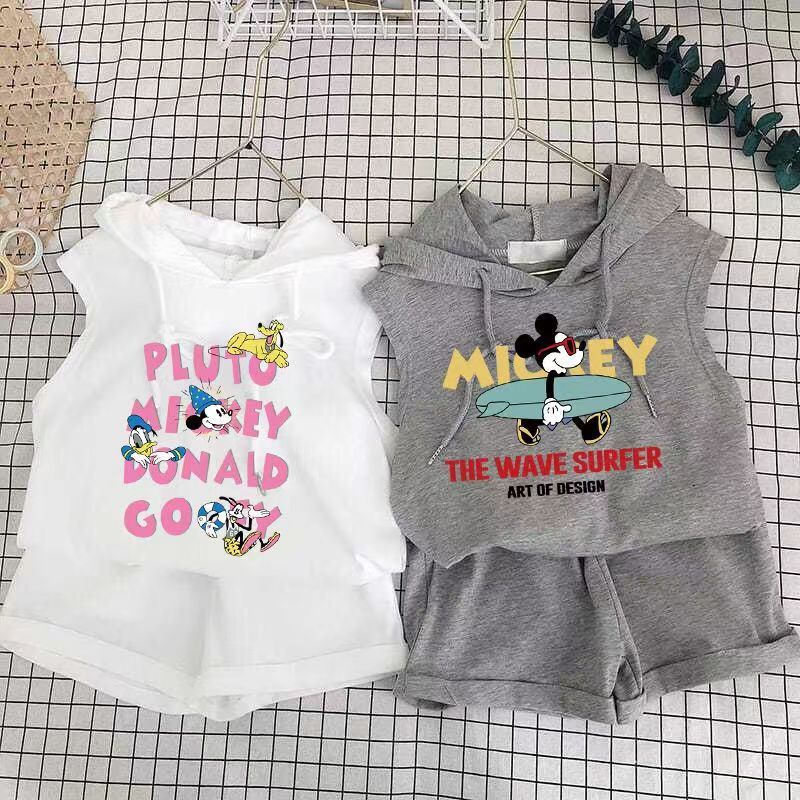 Bộ Áo Hoodie Sát Nách + Quần Sooc In Họa Tiết Hoạt Hình Kiểu Phương Tây Thời Trang Mùa Hè Cho Bé