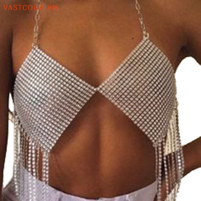 Áo Hai Dây Mỏng Vừa Vặn Hở Lưng Đính Đá Kim Cương Pha Lê Tua Rua Thời Trang Gợi Cảm Cho Nữ