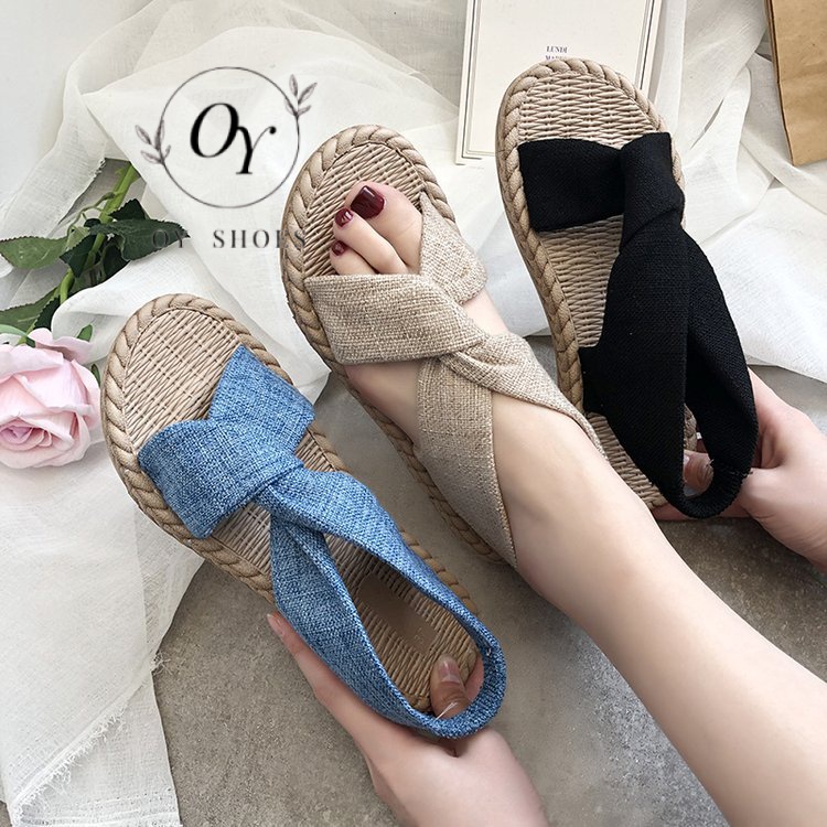 Giày Sandal Rơm Đan Dây Chéo Đế Phẳng Phong Cách Mới Mùa Hè 2023 Cho Nữ