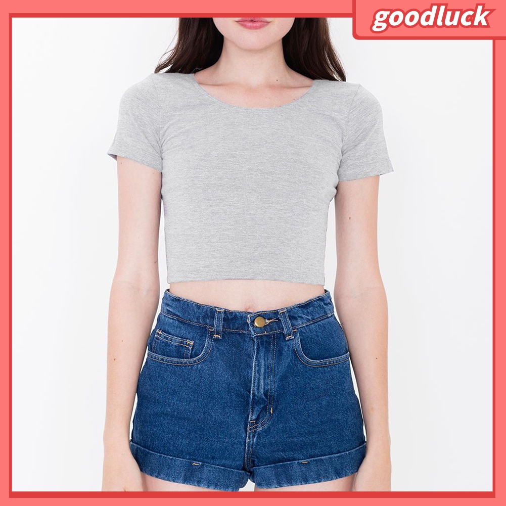 Áo Thun Crop Top Tay Ngắn Cổ Tròn Màu Sắc Đơn Giản Quyến Rũ Dành Cho Nữ
