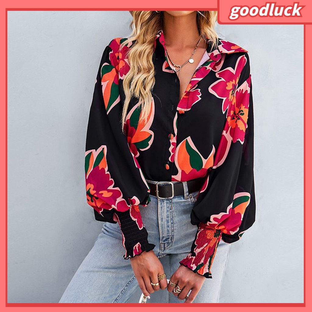 Áo Sơ Mi Tay Dài Phồng Xếp Ly Cài Một Hàng Khuy Co Giãn In Họa Tiết Hoa Thời Trang Công Sở