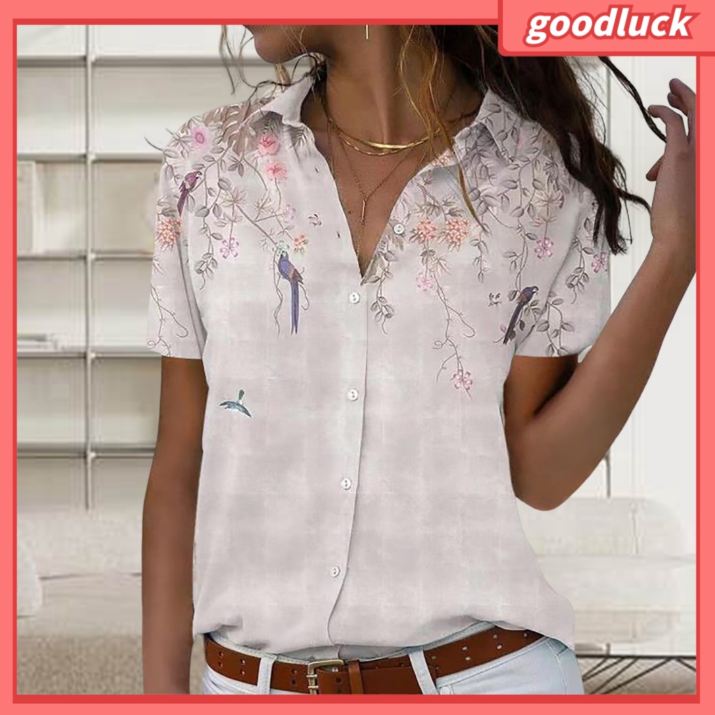 Áo Sơ Mi Tay Ngắn Cổ Bẻ Cài Khuy In Họa Tiết Hoa Thời Trang Mùa Hè Xinh Xắn Cho Nữ