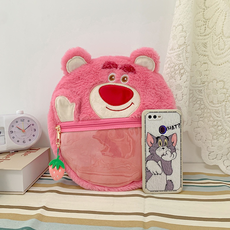 Alphaz Túi Đeo Chéo Trong Suốt Phối Lông Xù Kiểu Hoạt Hình Gấu Dâu Tây Đáng Yêu