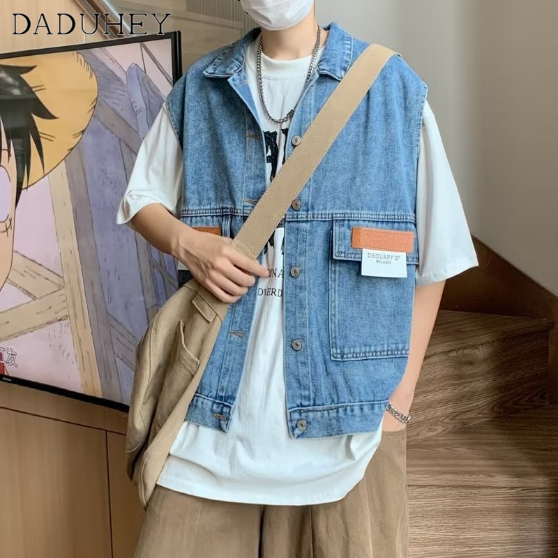 DaDuHey Men's and Women's Hong Kong Style Retro Casual Denim Jacket Vest 2023 All-Match Stitching Sleeveless Jacket