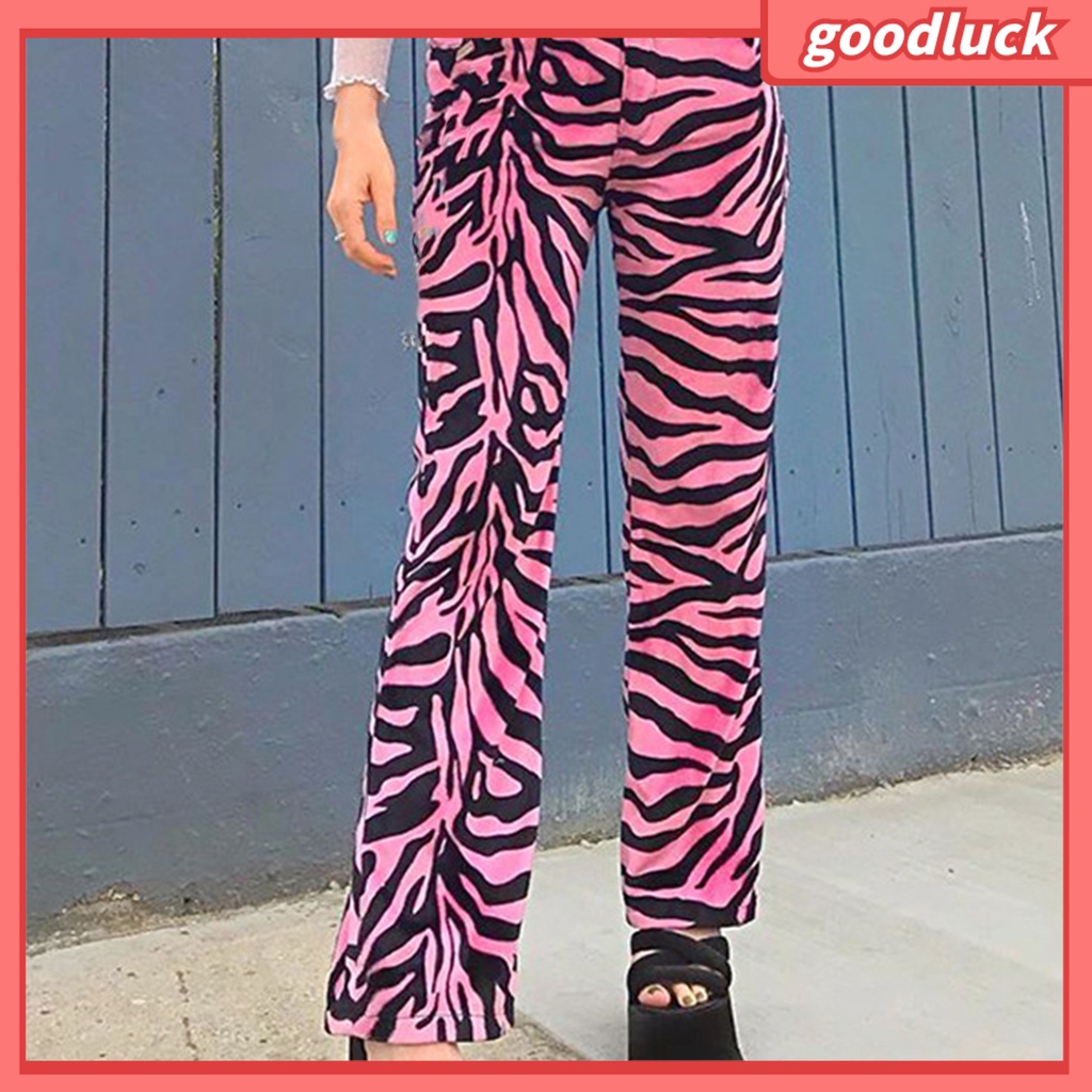 Quần Dài Lưng Cao Dáng Suông Cài Nút In Họa Tiết Ngựa Vằn Cho Nữ