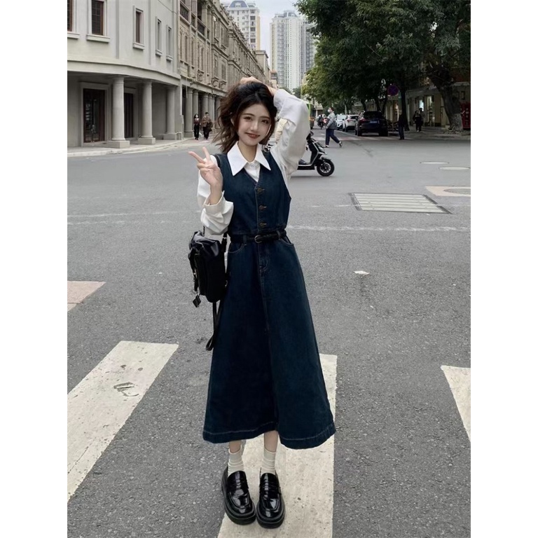 Bộ Áo Sơ Mi + Chân Váy Denim Dài Giả Hai Lớp Mẫu Mới 2023 Thời Trang Mùa Xuân Pháp Cho Nữ